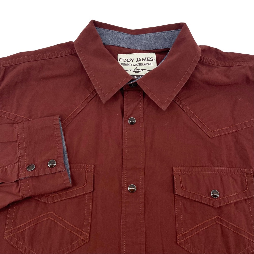 Cody James Mens Large Burgundy Cotton Pearl Snap Western Long Sleeve Shirt